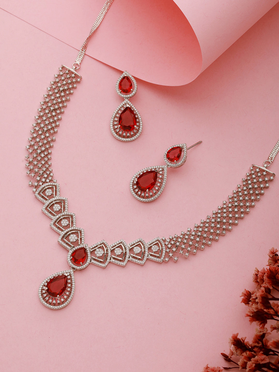 Silver Plated Red AD Studded Geometric Statement Necklace Jewellery  Set
